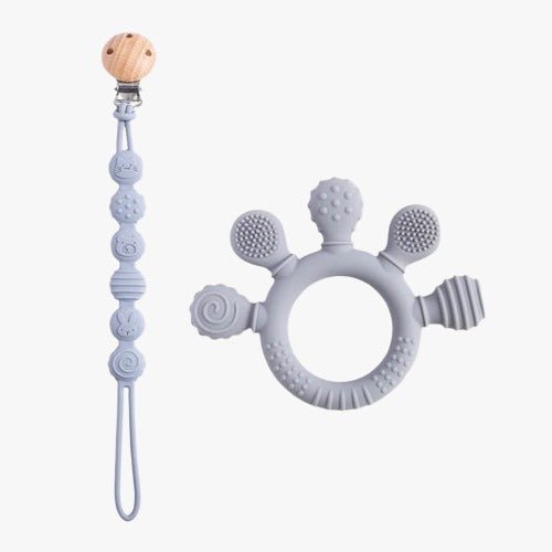 Anneau de dentition et attache tétine - Bleu Gris Vert - Esther