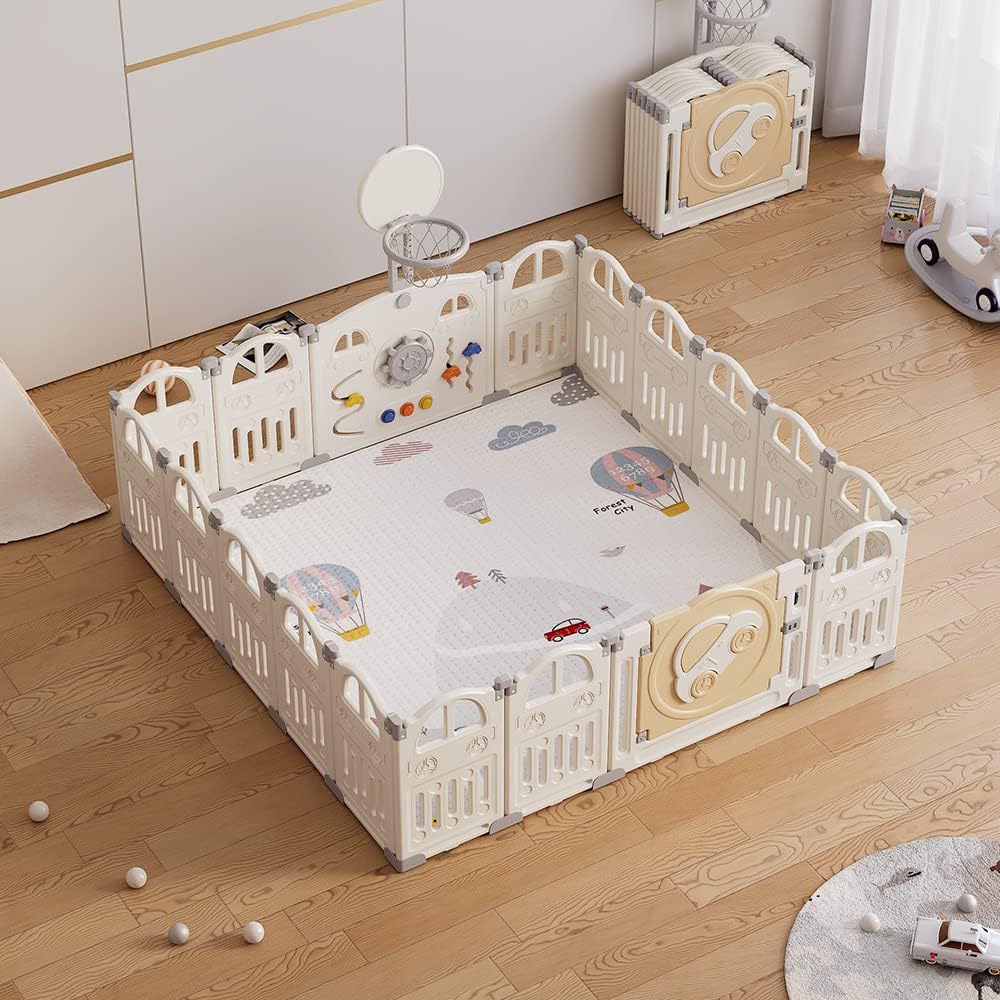 Parc pliable pour bébé avec un petit panier de basket - ball et 50 balles colorées - Esther
