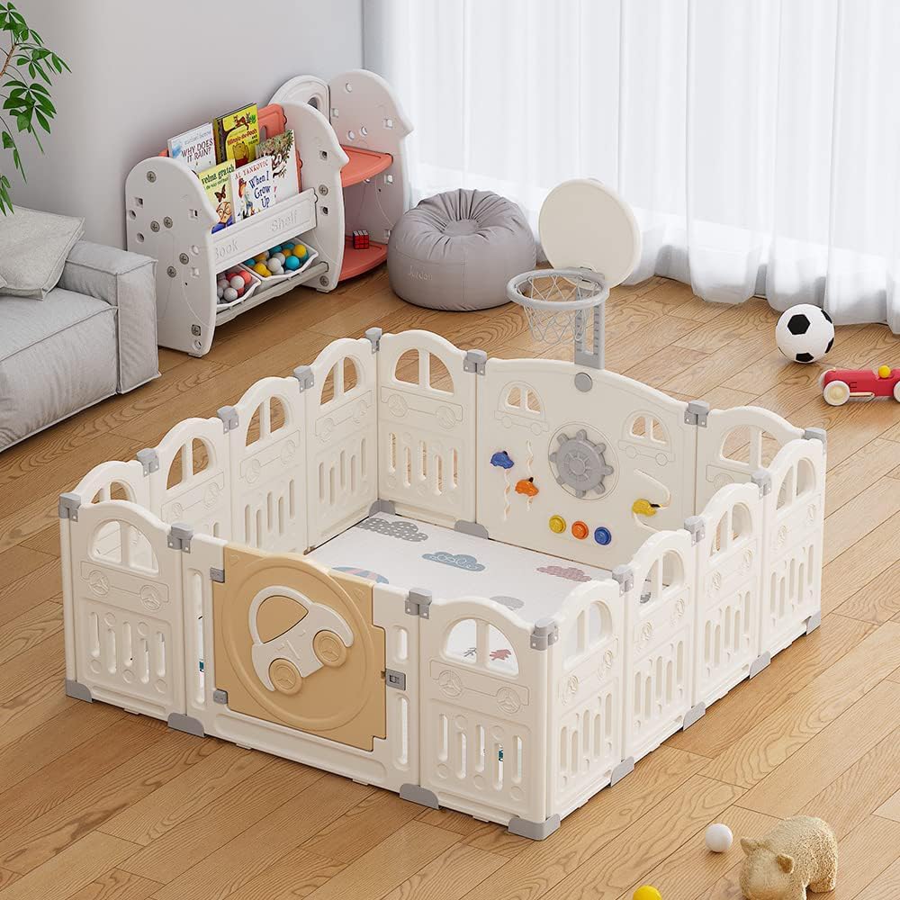 Parc pliable pour bébé avec un petit panier de basket - ball et 50 balles colorées - Esther