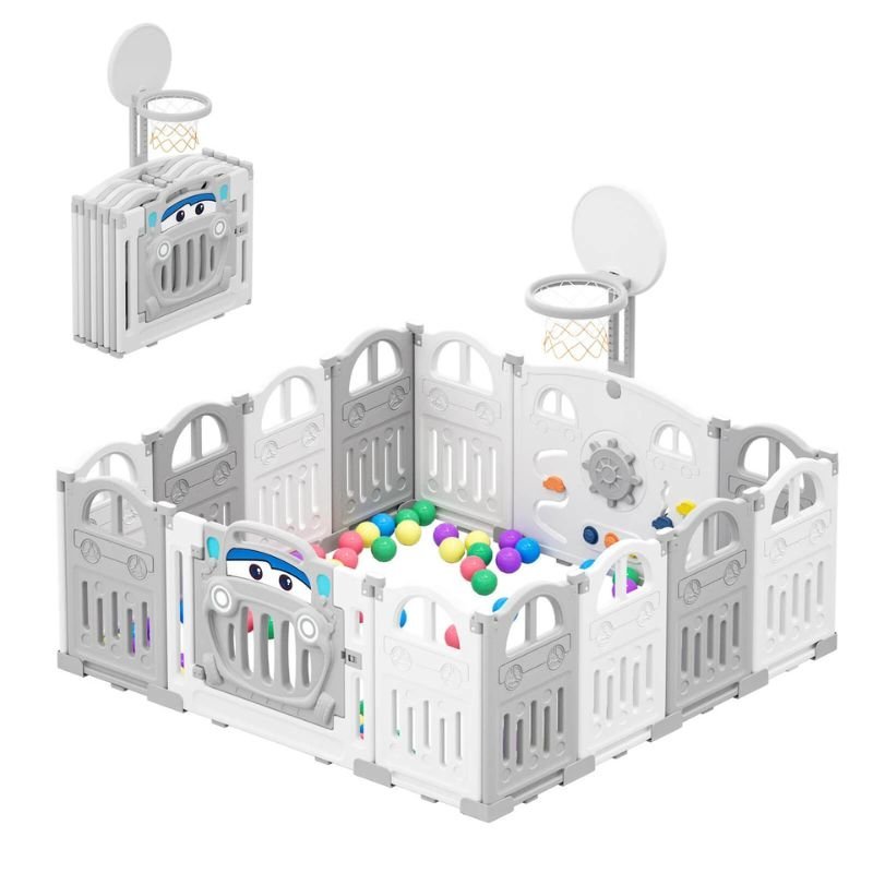 Parc pour bébé pliable blanc gris avec mini panier de basket et 50 ballons colorés - Esther