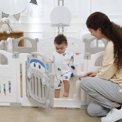 Parc pour bébé pliable blanc gris avec mini panier de basket et 50 ballons colorés - Esther