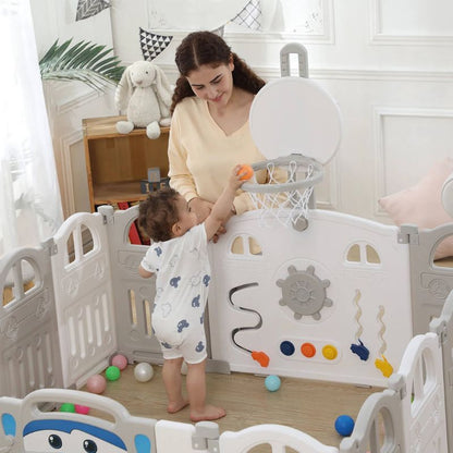 Parc pour bébé pliable blanc gris avec mini panier de basket et 50 ballons colorés - Esther